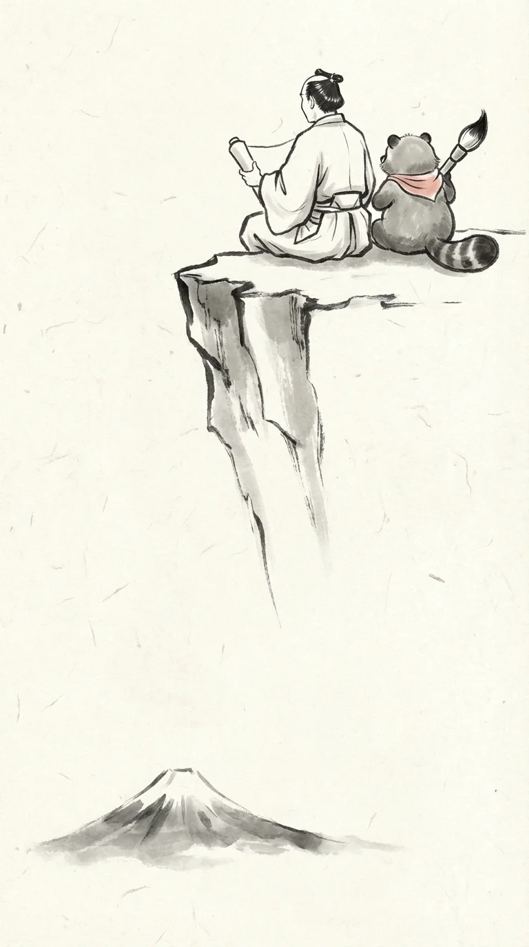 侍とたぬきが崖から富士山を眺める