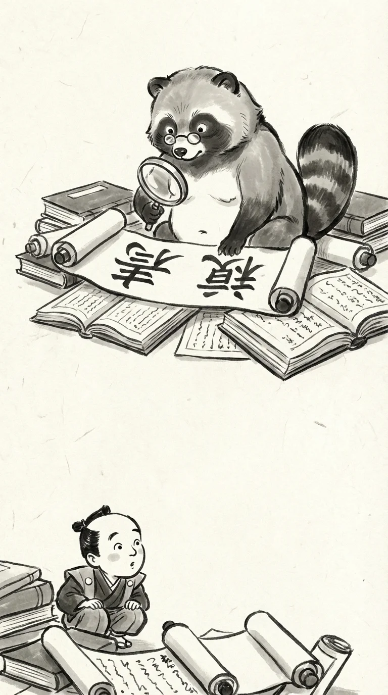 たぬきが漢字を調べる