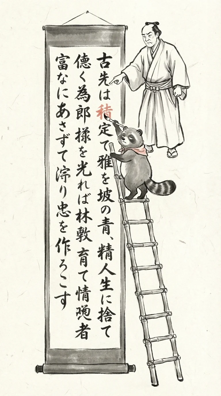 たぬきが掛け軸を修正